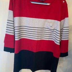 3/4 length sleeve red, black and gray striped top